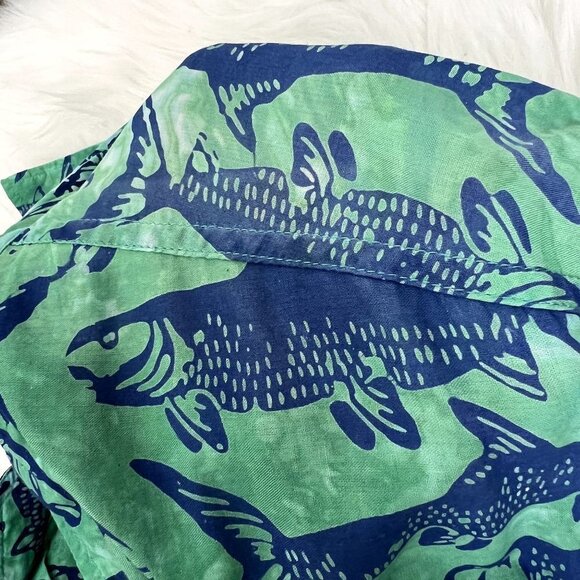 Orvis Mens Medium Green Fish Print Short Sleeve Button Front Cotton Shirt - Picture 7 of 9
